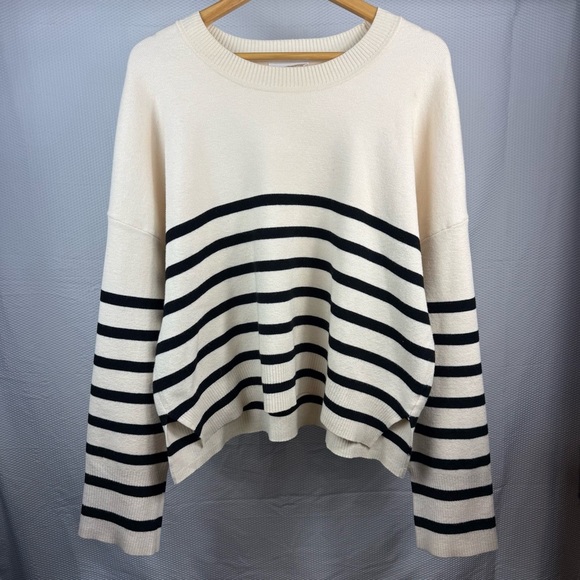 For The Republic Sweaters - For The Republic Cream and Black Striped Crew Neck Sweater Size XXL